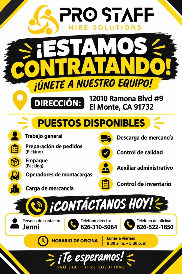 ¡ESTAMOS CONTRATANDO! PRO STAFF HIRE SOLUTIONS
