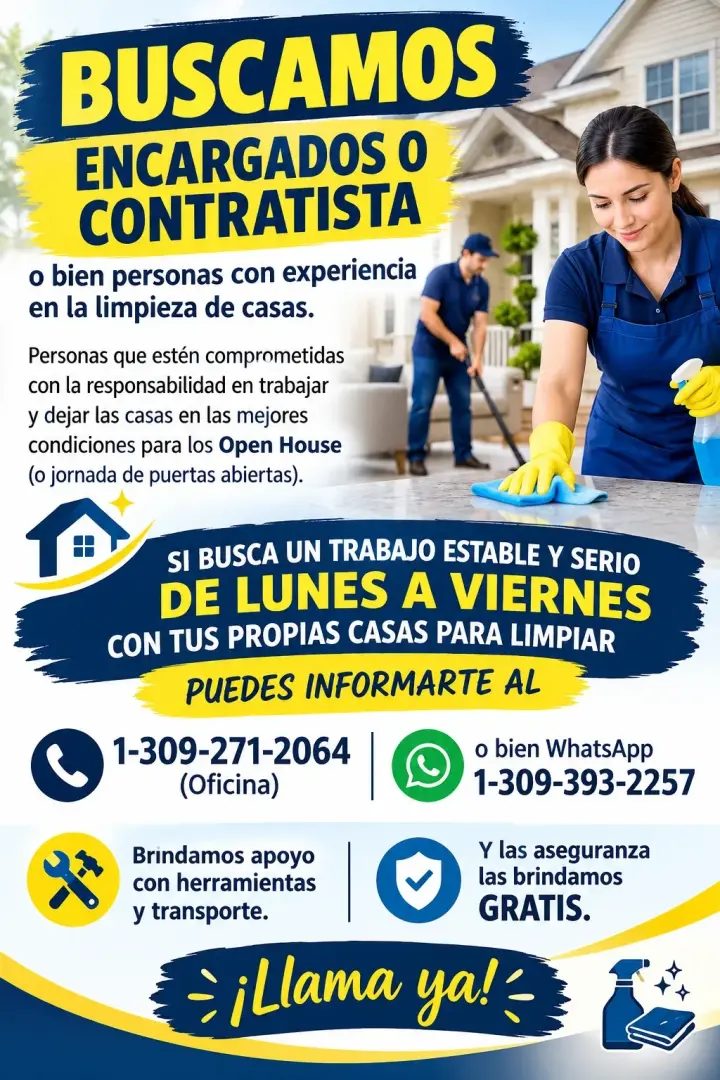 OPORTUNIDAD PARA PERSONAS CON EXPERIENCIA EN LIMPIEZA DE CASAS