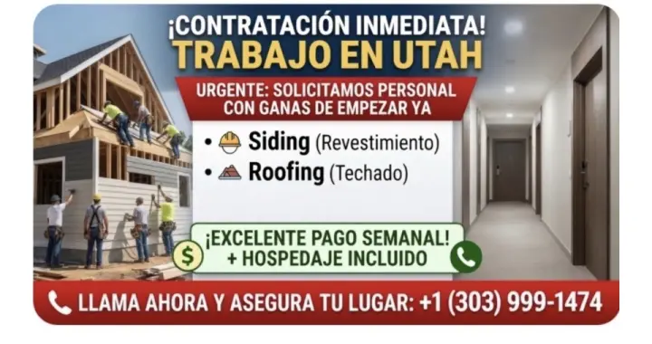 Contratación Inmediata para Trabajo de Revestimiento y Tejado en Utah