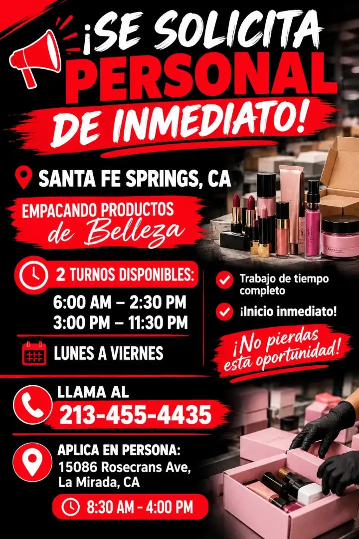 ¡Se Solicita Personal de Inmediato para Empaque de Belleza!