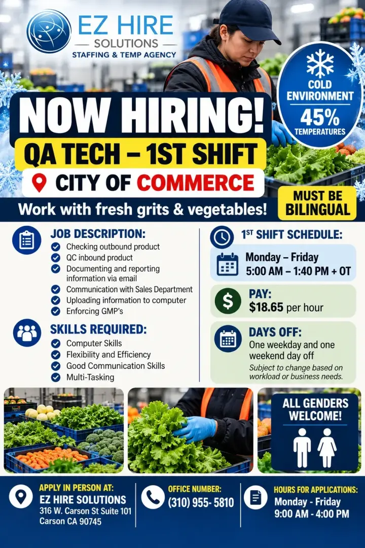 Hiring QA Tech 1st shift (Men or Women) 🚨