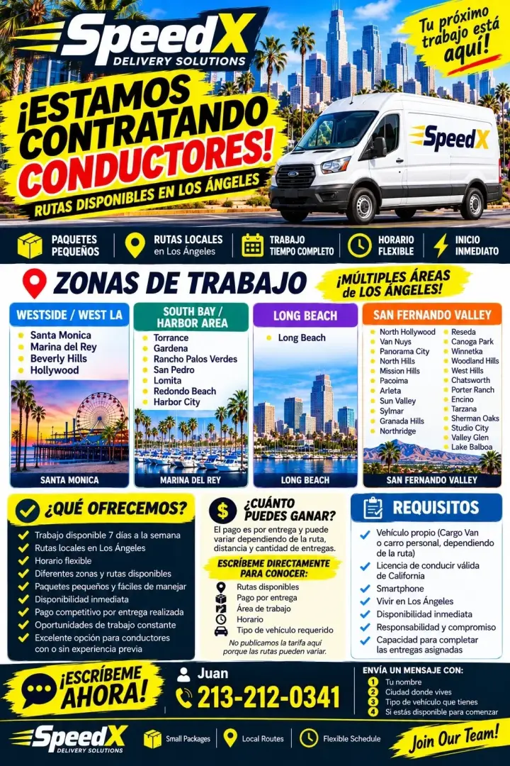 ¡SPEEDX ESTÁ CONTRATANDO CONDUCTORES EN LOS ÁNGELES!