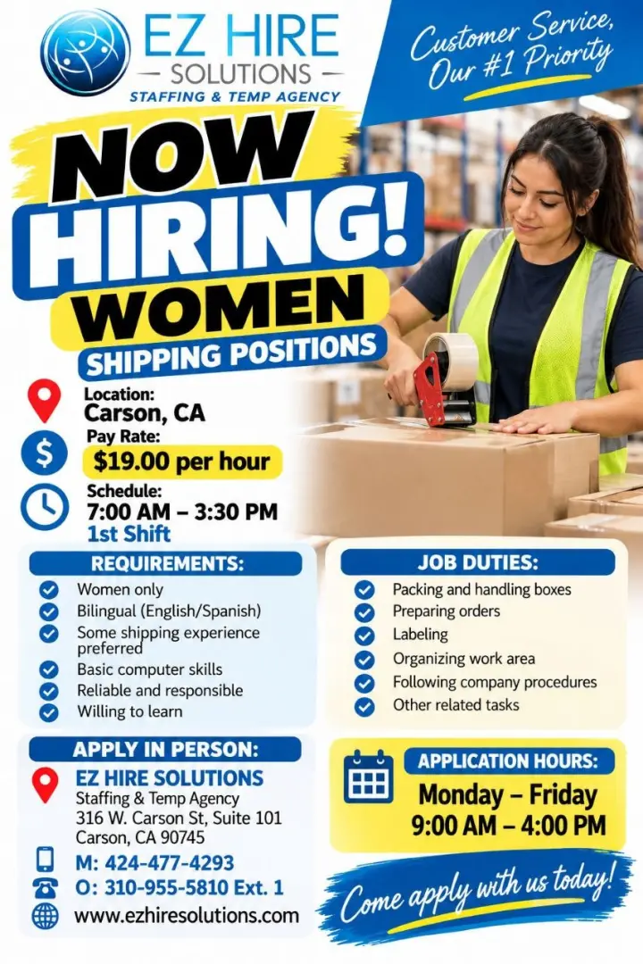 Personal Femenino Shipping Clerk $19.00 Carson/Compton