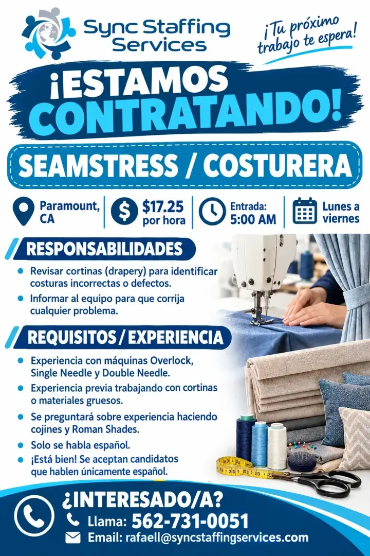 ¡ESTAMOS CONTRATANDO COSTURERAS EN PARAMOUNT, CA!