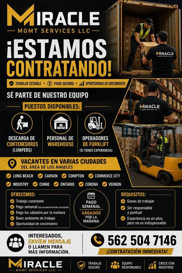 ¡OPORTUNIDAD DE EMPLEO! – Warehouse, Lumper y Forklift