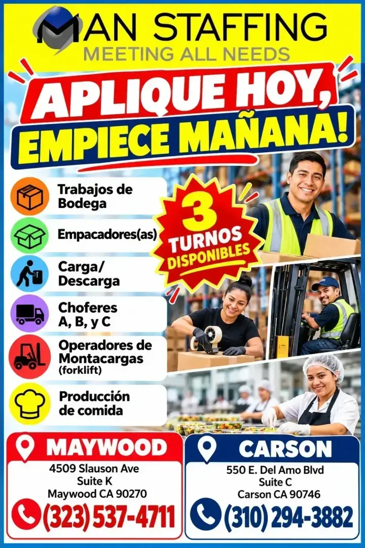 📌APLIQUE HOY, EMPIECE MAÑANA! ⏰3 Turnos Disponibles📍Maywood 📍Carson