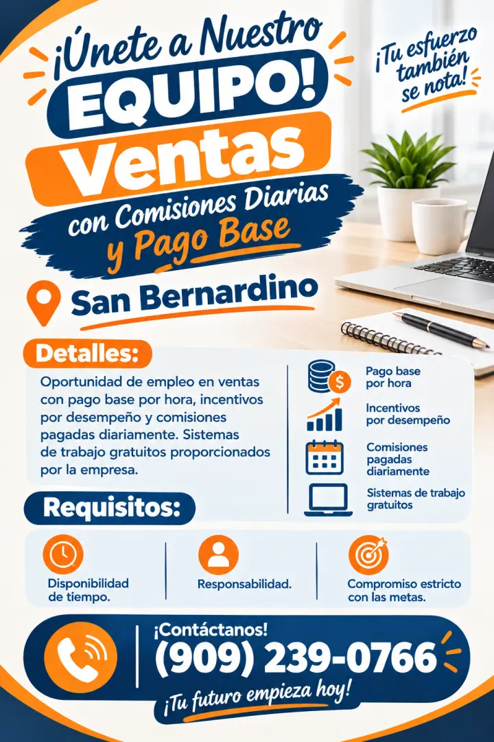 Ventas con Comisiones Diarias y Pago Base – San Bernardino
