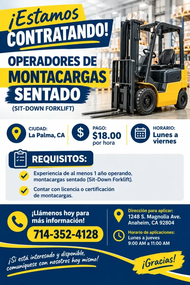 🚜 ¡ESTAMOS CONTRATANDO OPERADORES DE MONTACARGAS SENTADO!