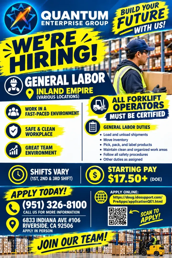 General Labor - Warehouse * Riverside, Fontana, Ontario