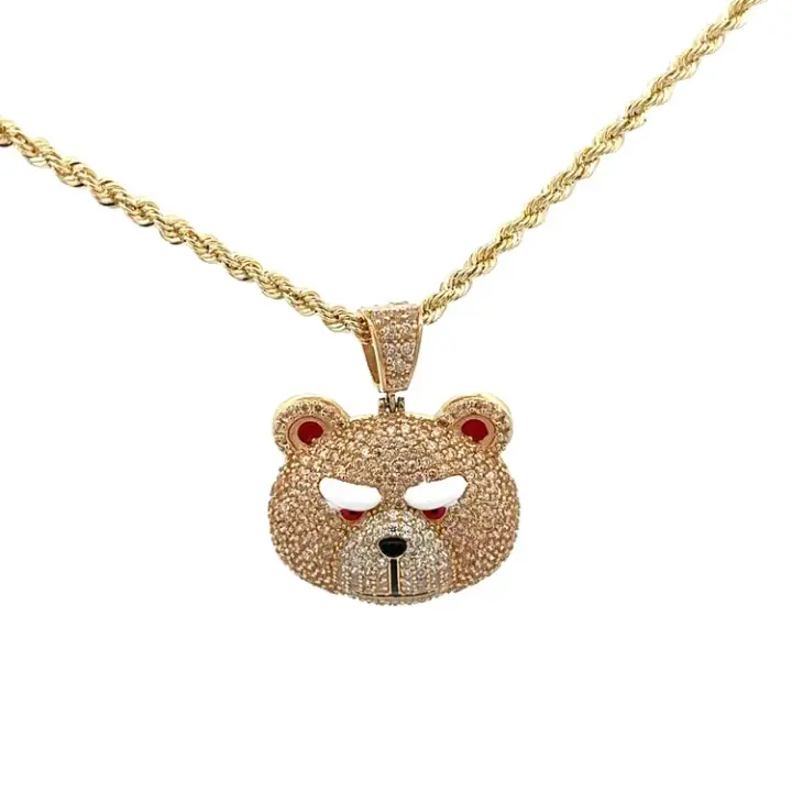 New 14bK CZ Bear Pendant & Semi Solid Rope Chain Made Of Real 14k Yellow Gold