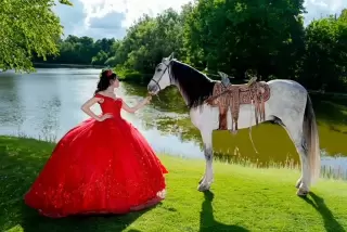 rivers photo and video quince girl red dress with horse