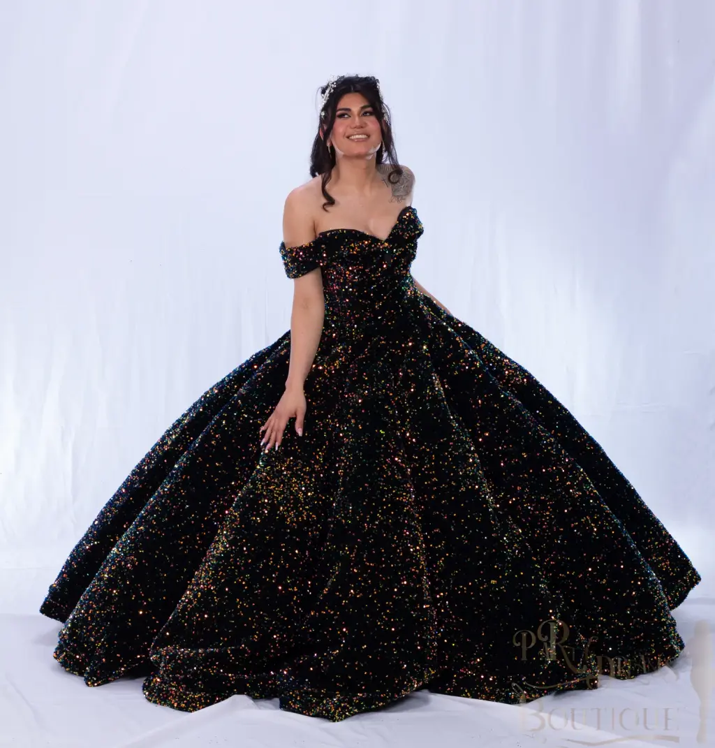 Black quinceañera dress with colorful stones, off-the-shoulder neckline, and voluminous ball gown silhouette -1