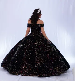 Black quinceañera dress with colorful stones, off-the-shoulder neckline, and voluminous ball gown silhouette -3