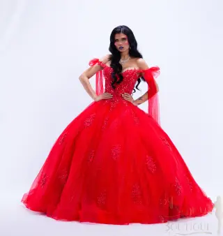 A red Barbieland quinceañera dress with off-the-shoulder neckline, sheer puff sleeves, beaded bodice, and voluminous sparkling ball gown skirt -2