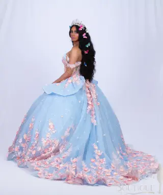 A blue quinceañera dress with pink floral appliqués, butterfly accents, and an off-the-shoulder neckline, featuring a voluminous skirt -2