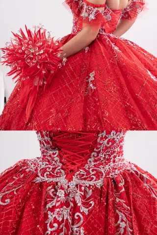 Red quinceañera dress with silver embroidery, sweetheart neckline, ruffled straps, and voluminous ball gown skirt -5