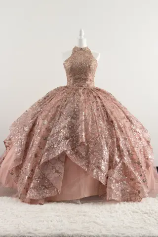 Blush pink sleeveless quinceañera dress with lace appliqués and a voluminous ball gown skirt -2