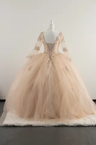 Long-sleeve peach/cream quinceañera dress with lace appliqués, sweetheart neckline, and voluminous ball gown skirt -5