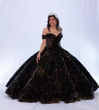 Black quinceañera dress with colorful stones, off-the-shoulder neckline, and voluminous ball gown silhouette -2