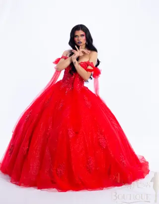 A red Barbieland quinceañera dress with off-the-shoulder neckline, sheer puff sleeves, beaded bodice, and voluminous sparkling ball gown skirt -1