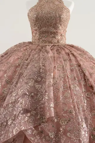 Blush pink sleeveless quinceañera dress with lace appliqués and a voluminous ball gown skirt -3
