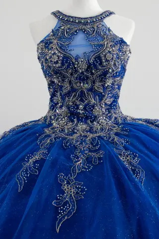 Royal blue quinceañera dress with silver embellishments, high neckline, lace-up back, and voluminous ball gown skirt -1