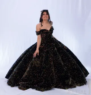 Black quinceañera dress with colorful stones, off-the-shoulder neckline, and voluminous ball gown silhouette -1