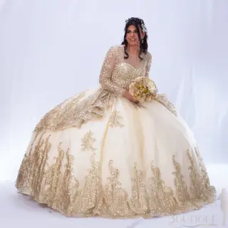 Gold quinceañera dress with sweetheart neckline, sheer long sleeves, and a voluminous ball gown skirt with lace appliqués -5