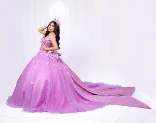 Lavender quinceañera dress with butterfly appliqués, off-the-shoulder neckline, and voluminous skirt with long train -4
