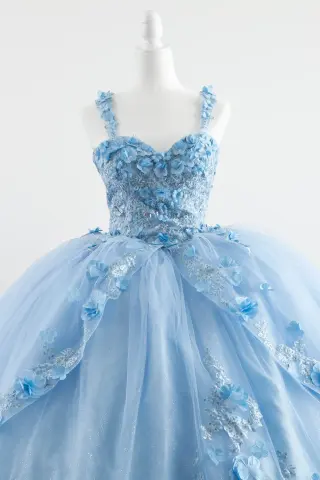 Light blue quinceañera dress with floral appliqués, sweetheart neckline, and voluminous ball gown skirt -1