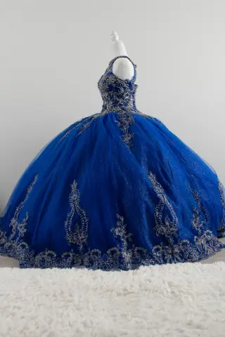 Royal blue quinceañera dress with silver embellishments, high neckline, lace-up back, and voluminous ball gown skirt -3