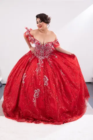 Red quinceañera dress with silver embroidery, sweetheart neckline, ruffled straps, and voluminous ball gown skirt -3