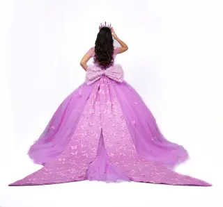 Lavender quinceañera dress with butterfly appliqués, off-the-shoulder neckline, and voluminous skirt with long train -6