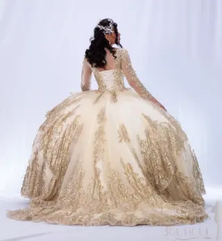 Gold quinceañera dress with sweetheart neckline, sheer long sleeves, and a voluminous ball gown skirt with lace appliqués -2