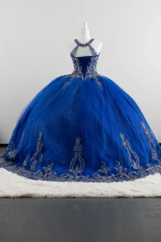 Royal blue quinceañera dress with silver embellishments, high neckline, lace-up back, and voluminous ball gown skirt -5