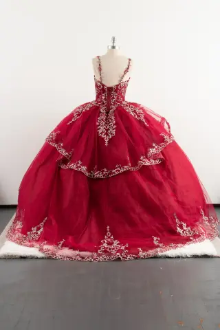 Red sleeveless quinceañera dress with open back, floral straps, and voluminous ball gown skirt with lace appliqués -4