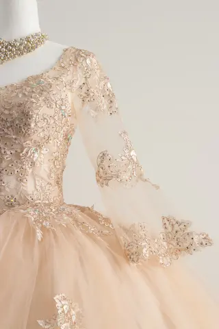 Long-sleeve peach/cream quinceañera dress with lace appliqués, sweetheart neckline, and voluminous ball gown skirt -4