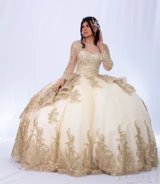 Gold quinceañera dress with sweetheart neckline, sheer long sleeves, and a voluminous ball gown skirt with lace appliqués -1