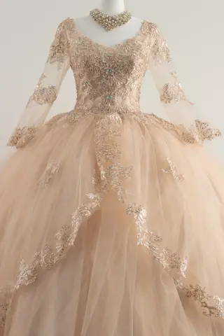 Long-sleeve peach/cream quinceañera dress with lace appliqués, sweetheart neckline, and voluminous ball gown skirt -2