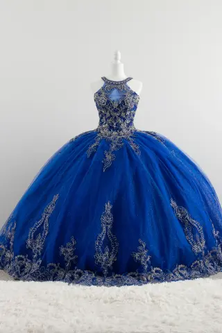 Royal blue quinceañera dress with silver embellishments, high neckline, lace-up back, and voluminous ball gown skirt -2