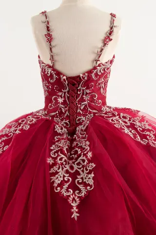 Red sleeveless quinceañera dress with open back, floral straps, and voluminous ball gown skirt with lace appliqués -5