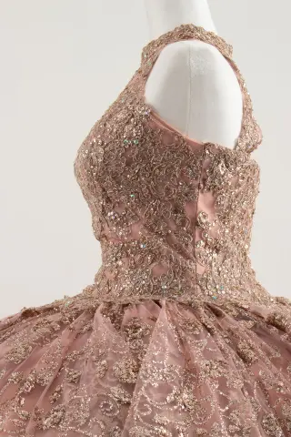 Blush pink sleeveless quinceañera dress with lace appliqués and a voluminous ball gown skirt -5