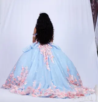 A blue quinceañera dress with pink floral appliqués, butterfly accents, and an off-the-shoulder neckline, featuring a voluminous skirt -3