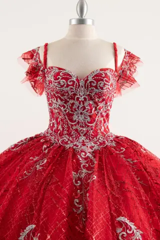 Red quinceañera dress with silver embroidery, sweetheart neckline, ruffled straps, and voluminous ball gown skirt -4