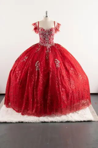 Red quinceañera dress with silver embroidery, sweetheart neckline, ruffled straps, and voluminous ball gown skirt -2