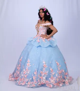 A blue quinceañera dress with pink floral appliqués, butterfly accents, and an off-the-shoulder neckline, featuring a voluminous skirt -4