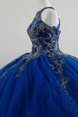 Royal blue quinceañera dress with silver embellishments, high neckline, lace-up back, and voluminous ball gown skirt -4