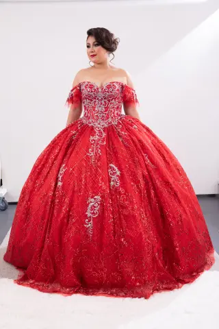Red quinceañera dress with silver embroidery, sweetheart neckline, ruffled straps, and voluminous ball gown skirt 1