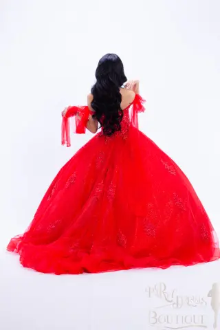 A red Barbieland quinceañera dress with off-the-shoulder neckline, sheer puff sleeves, beaded bodice, and voluminous sparkling ball gown skirt -3