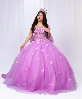Lavender quinceañera dress with butterfly appliqués, off-the-shoulder neckline, and voluminous skirt with long train -5